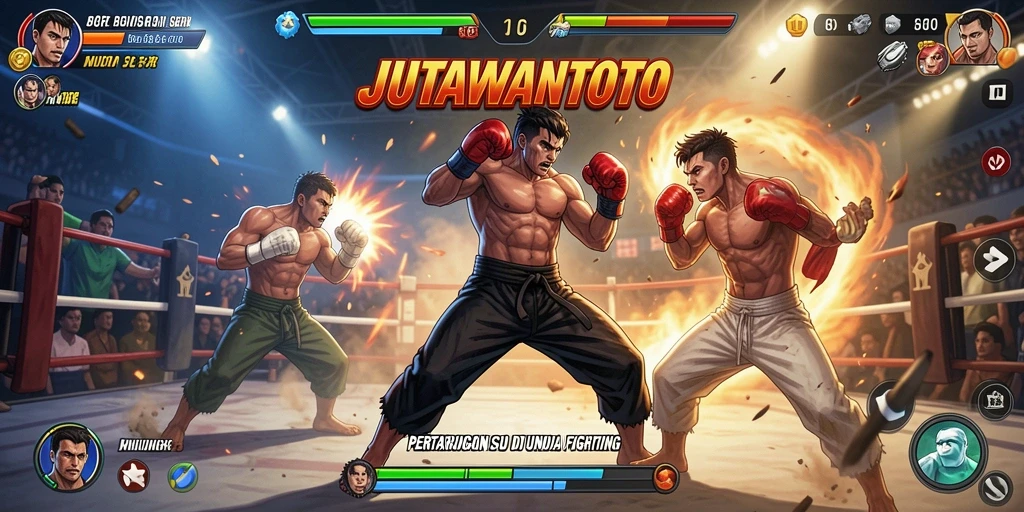 Screenshot gameplay JUTAWANTOTO menampilkan pertarungan intens dengan karakter yang beraksi.