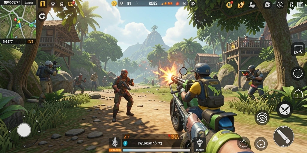 Screenshot utama RP6677 menunjukkan pertempuran seru di arena TPS.
