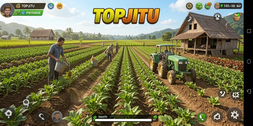 Tampilan gameplay seru dari TOPJITU yang memperlihatkan aktivitas pertanian.